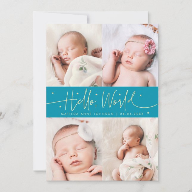 Hello World Script Aqua Blue Multi Photo Birth Announcement (Front)