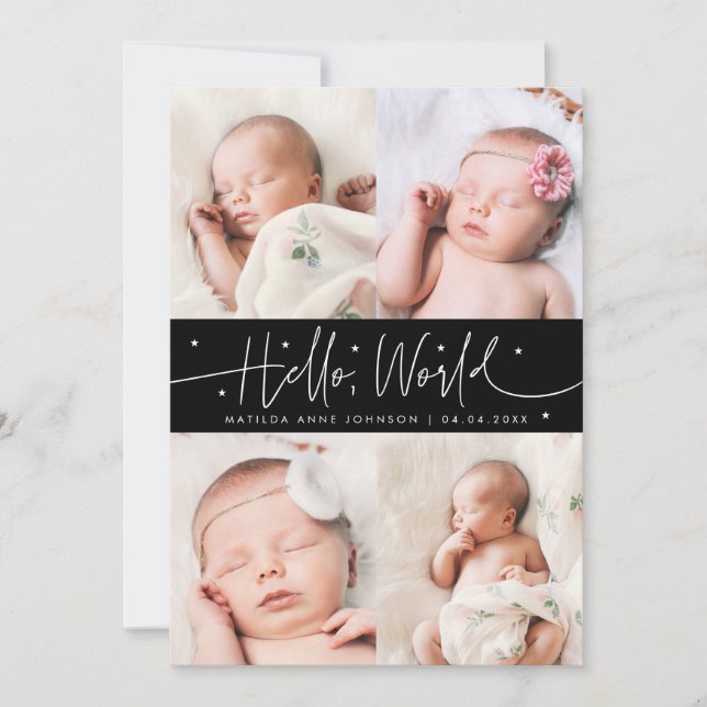 Hello World Script Black Multi Photo Birth Announcement (Front)