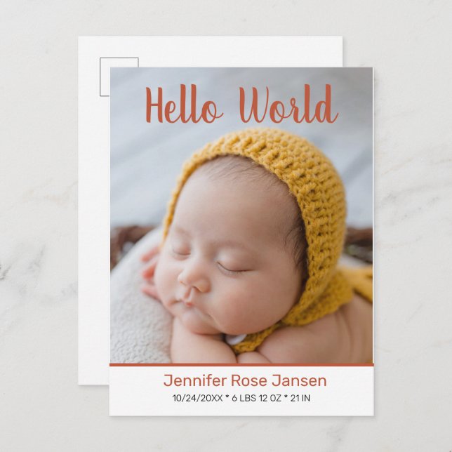 Hello World Script Pumpkin Photo Birth Announcemen Announcement Postcard (Front/Back)
