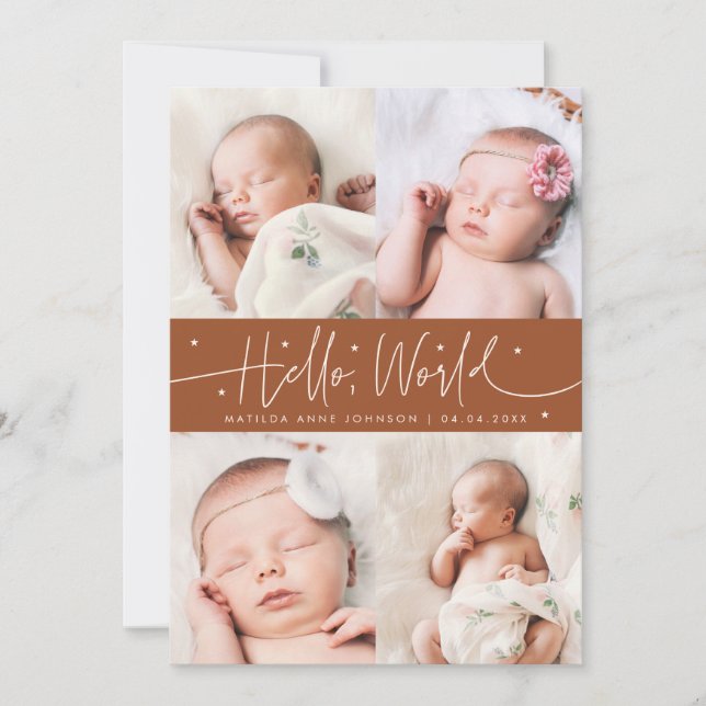 Hello World Script Terracotta Multi Photo Birth Announcement (Front)