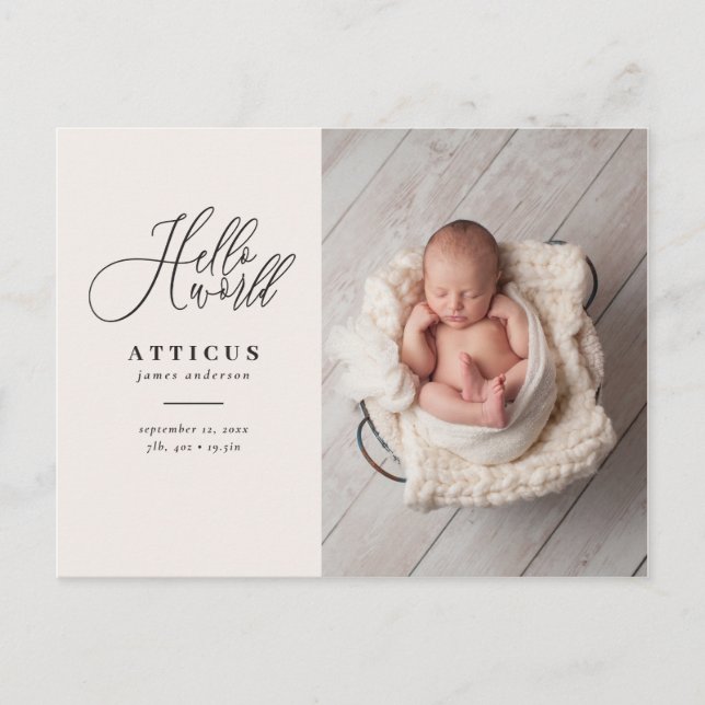 Hello world script text photo birth announcement (Front)