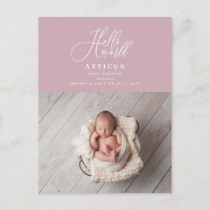 Hello world script text photo birth announcement