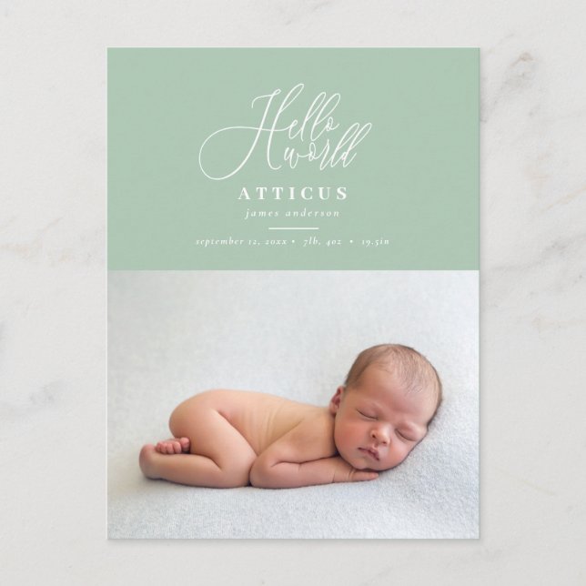 Hello world script text photo birth announcement (Front)