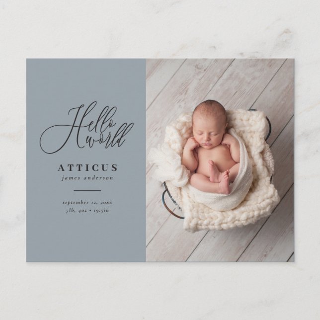 Hello world script text photo birth announcement (Front)