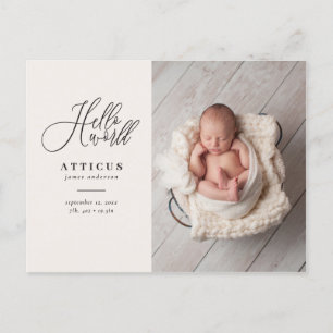 Hello world script text photo birth announcement postcard