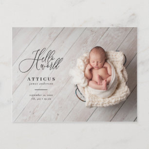 Hello world script text photo birth announcement postcard