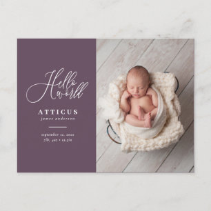 Hello world script text photo birth announcement postcard