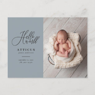 Hello world script text photo birth announcement postcard