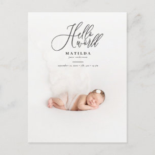 Hello world script text photo birth announcement postcard