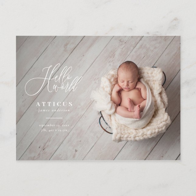 Hello world script text photo birth announcement postcard (Front)