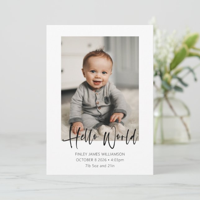 Hello World Script Welcome Baby Photo Birth Announcement (Standing Front)