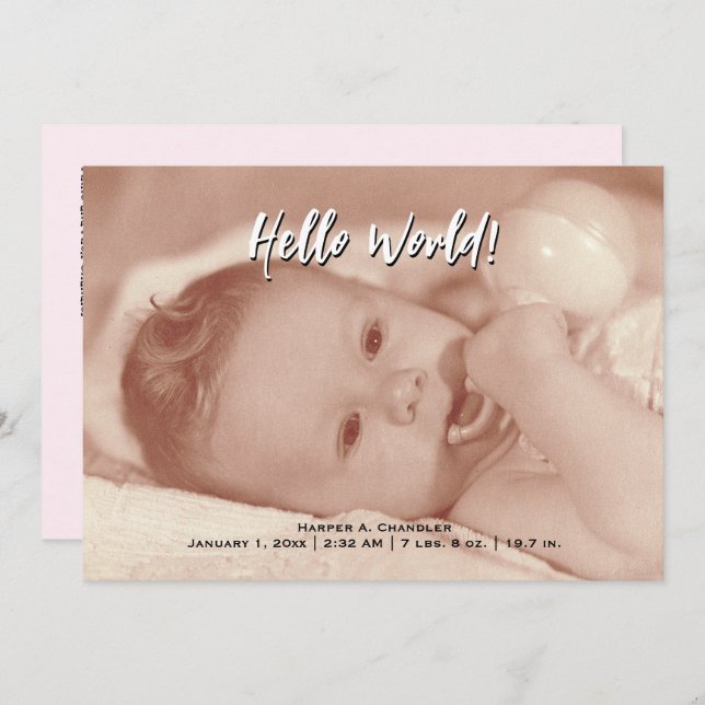 Hello World Your Text and Baby Photo Pink Template (Front/Back)