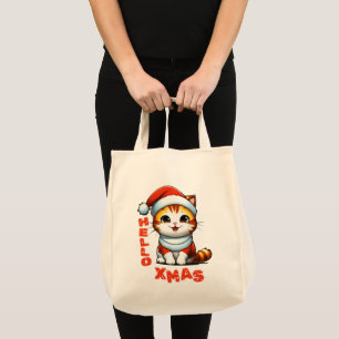 Hello Xmas - Cute Christmas cat in a Santa costume Tote Bag