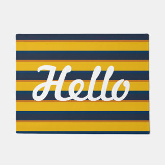 Hello yellow and blue stripe door mat