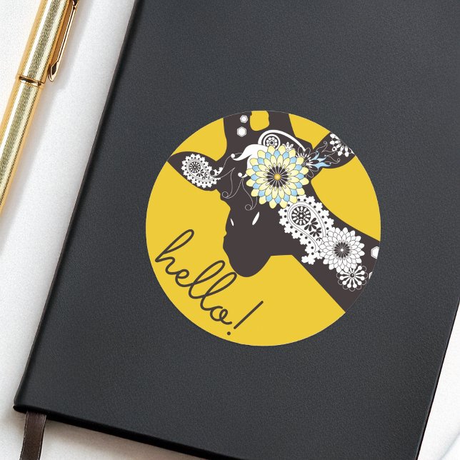 Hello! - Yellow Funky Cool Paisley Giraffe Classic Round Sticker (Creator Uploaded)