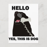 HELLO YES THIS IS DOG telephone phone Postcard<br><div class="desc">Originally seen in the r/funny subreddit of reddit.com, the "Hello This is Dog" meme stems from a hilarious photograph of a black Labrador Retriever with an corderetelephone held up to it's head. The dog's expression and the accompanying absurd text, "HELLO YES, THIS IS DOG" has quickly become a very popular...</div>