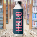 Hello Your Name Pink Blue Calligraphy Water Bottle<br><div class="desc">A bold blue and pink HELLO design that can be personalised with a name in calligraphy</div>