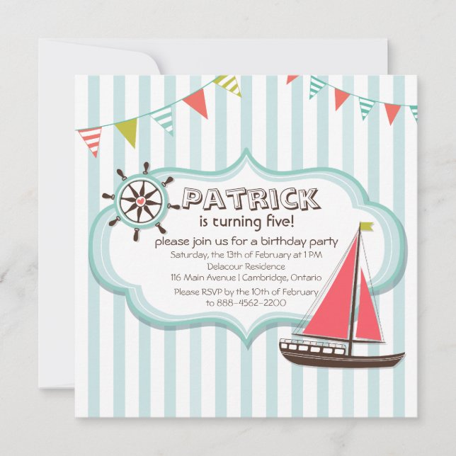 Helm and Sailboat Nautical Birthday Invitation (Front)