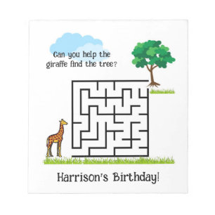 Help giraffe, tree birthday maze puzzle notepads
