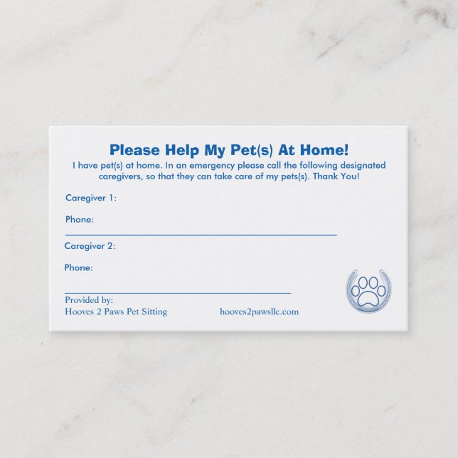 “HELP! I have Pets At Home” Pet Alert Card Busines (Front)
