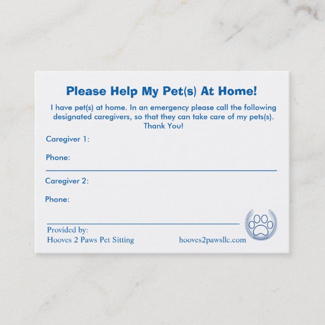 “HELP! I have Pets At Home” Pet Alert Card Large (Front)