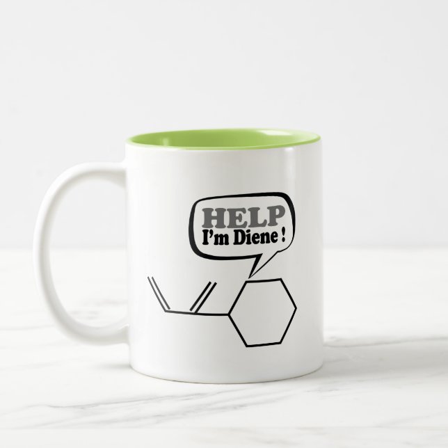 Help I’m diene, funny Chemistry Two-Tone Coffee Mug (Left)