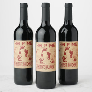 HELP ME Bloody Footprint & Handprint Halloween  Wine Label