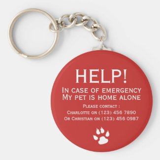 Help pet home alone emergency contact personalised key ring
