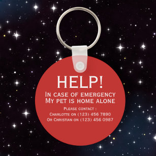 Help pet home alone emergency contact personalised key ring
