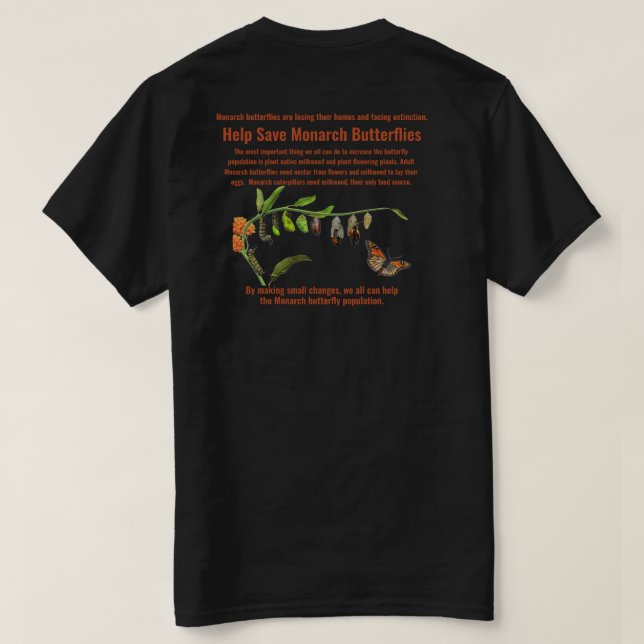 Help Save the Monarch butterflies T-Shirt (Design Back)