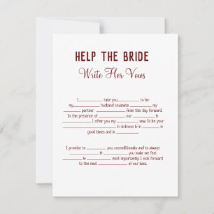 help the bride write her vows bridal shower game card