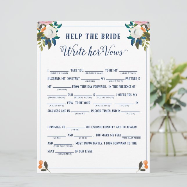Help the Bride Write Her Vows Bridal Shower Game Invitation (Standing Front)