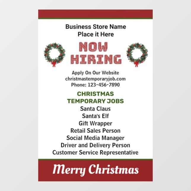 Help Wanted Now Hiring Christmas Businesses Jobs  Window Cling (Sheet)