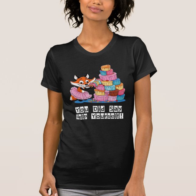 Help Yourself, Girly Fox Eating Cake Funny Black T-Shirt (Front)