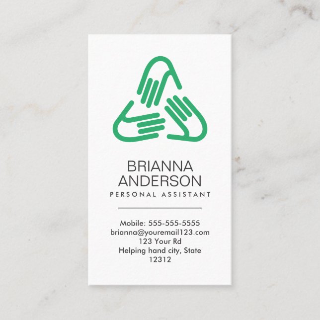Helping hands symbol, green, personal assistant business card (Front)
