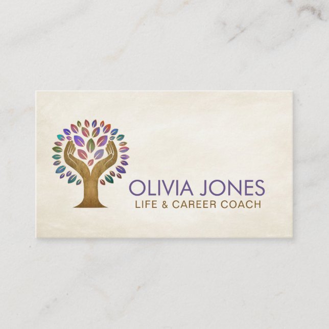 Helping Hands Tree - watercolor leaves Business Card (Front)