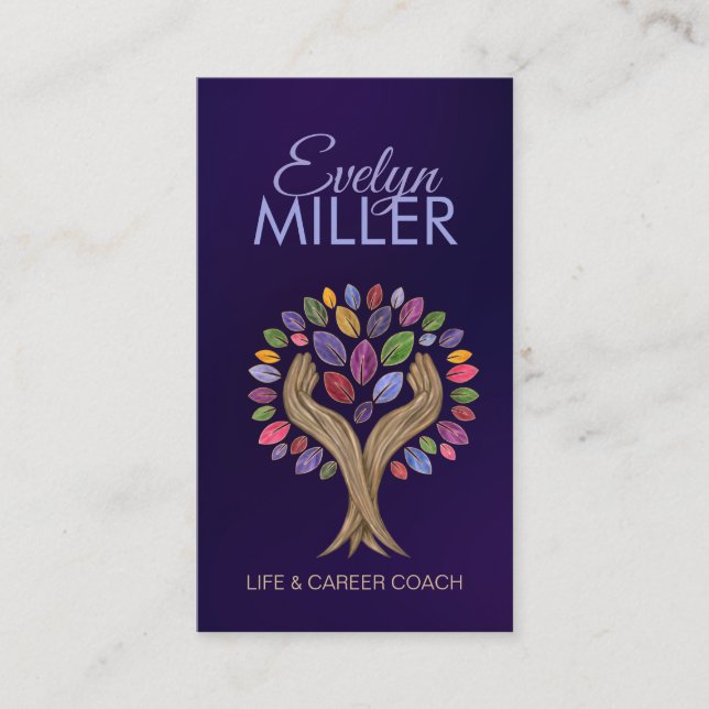 Helping Hands Tree - watercolor leaves Business Card (Front)