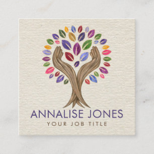 Helping Hands Tree - watercolor leaves Square Business Card