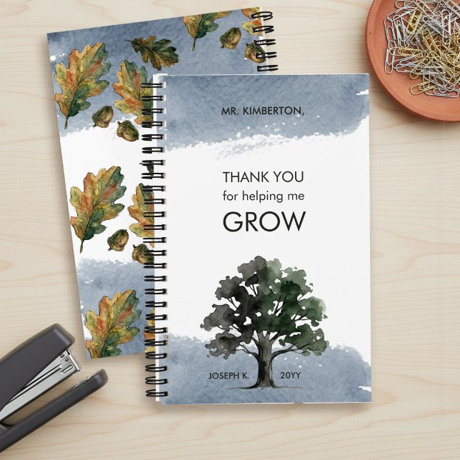 Helping Me Grow Oak Tree Watercolor Teacher Notebook (Personalized "thank you for helping me grow" Teacher Appreciation notebook by Darling & May)