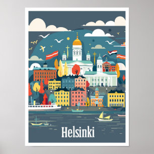 Helsinki Finland Art Vintage Travel Illustration Poster