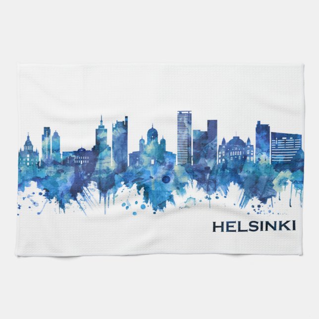 Helsinki Finland Skyline Blue Tea Towel (Horizontal)