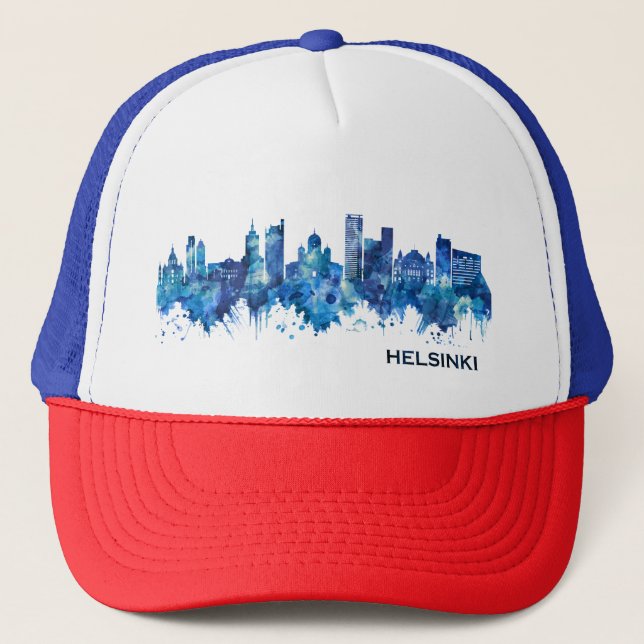Helsinki Finland Skyline Blue Trucker Hat (Front)