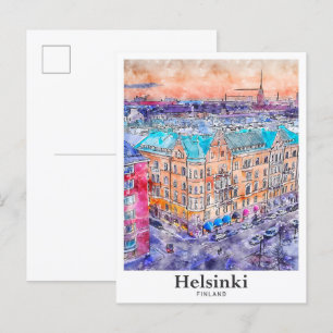 Helsinki Finland Travel Watercolor Hand Drawn Postcard