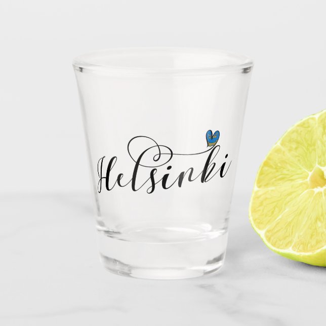 Helsinki Flag In Heart, Finland Shot Glass (Front)