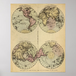 Hemispheres Hand Coloured Atlas Map Poster