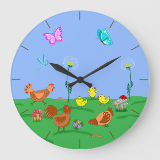 Hen and chicks large clock