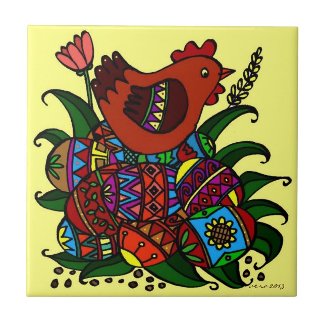 Hen and Pysanky Ukrainian Folk Art Tile (Front)