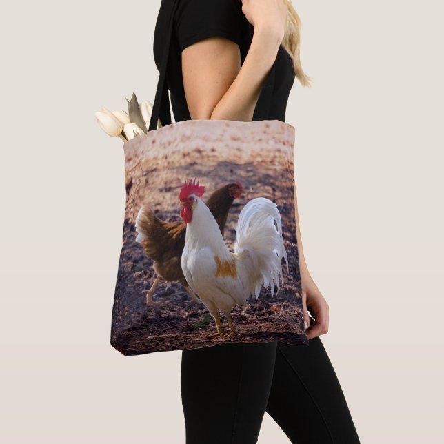 Hen and Rooster Rustic Farmhouse Tote Bag (Close Up)