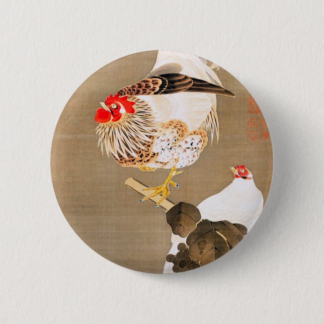 Hen and Rooster with Grapevine by Ito Jakuchu 6 Cm Round Badge (Front)