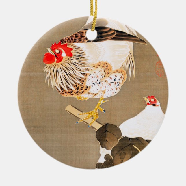 Hen and Rooster with Grapevine by Ito Jakuchu Ceramic Tree Decoration (Front)